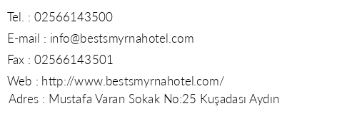 Best Smyrna Hotel telefon numaralar, faks, e-mail, posta adresi ve iletiim bilgileri